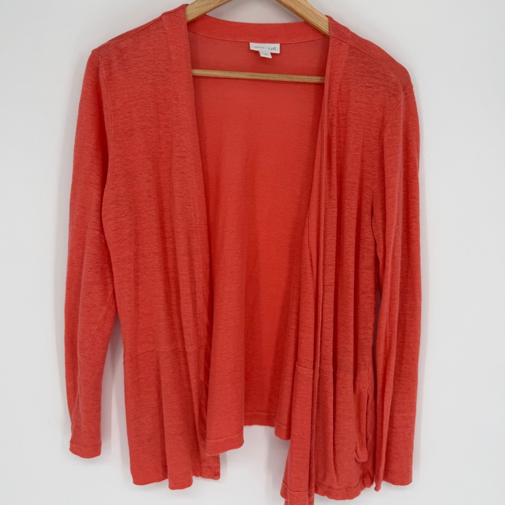J. Jill Cardigan Love Linen Coral Open Front Sweater Pockets Orange Pink Medium